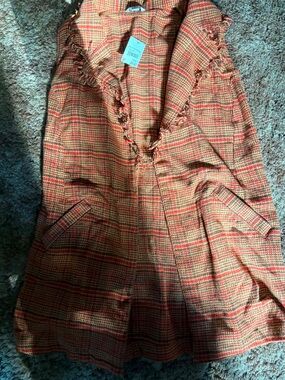 Cato Orange Plaid A-Line Coat with Fringe Detail